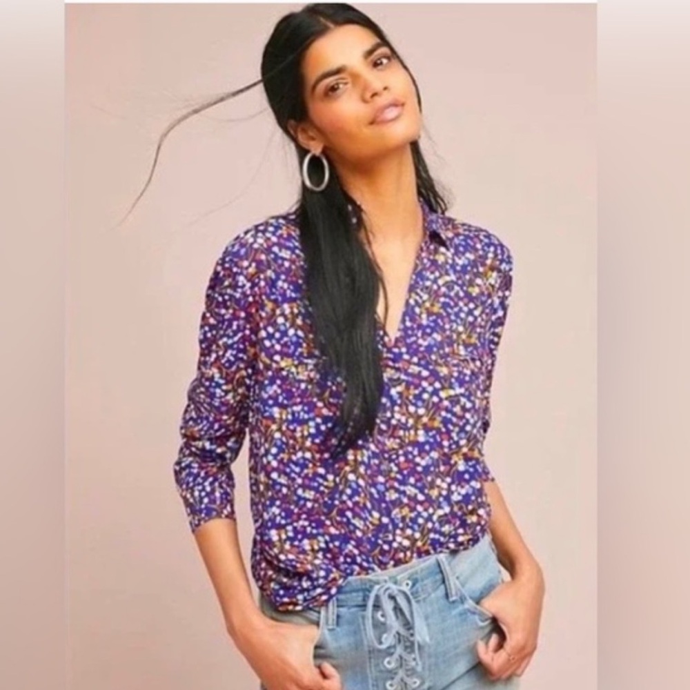 Anthropologie Navy Floral Button-Down Shirt